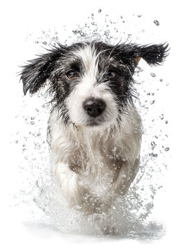 Wet black and white terrier dog running through splashing water with droplets frozen in motion