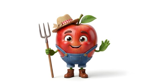 3D cartoon apple character with straw hat holding garden pitchfork in cheerful pose