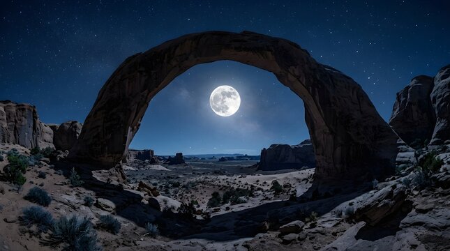 Full Moon glowing through a natural desert rock arch at night sky