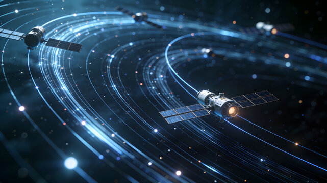 Space satellites with solar panels orbiting along glowing blue trajectories in deep space