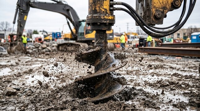 Heavy construction machinery drilling into muddy ground at a building site.