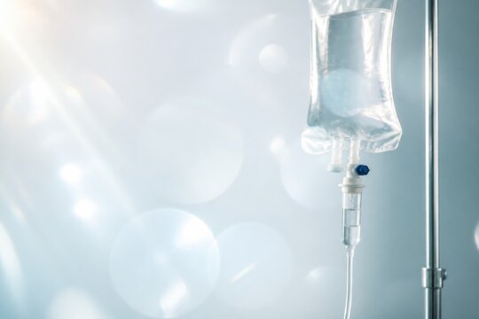 Generic IV drip bag and infusion chamber in bright light
