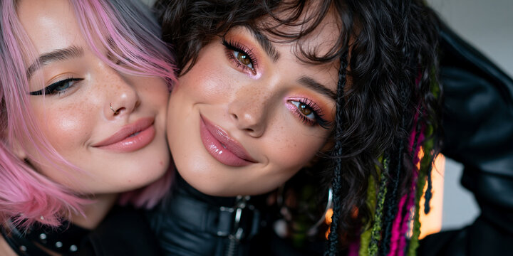 two women of different backgrounds flirting in stylish alternative fashion, two diverse women sharing a playful romantic moment, multicultural women with colorful hair and glossy makeup