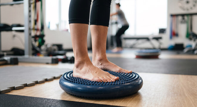 Closeup of a person feet balancing on an inflatable massage cushion in a gym