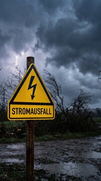 Yellow warning sign for power outage during a dramatic thunderstorm with lightning.