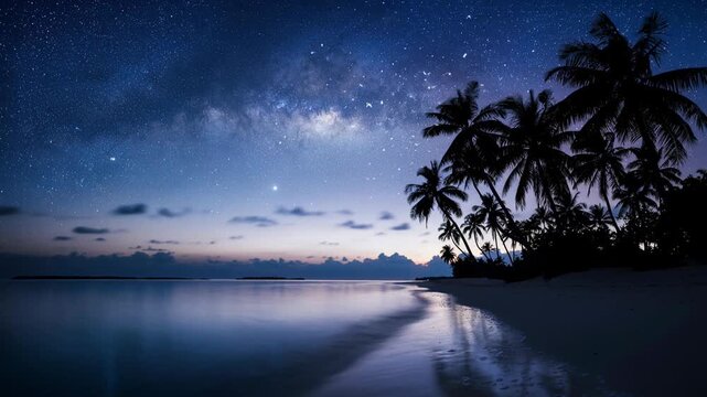 Serene tropical beach at night with gently swaying palm trees under a sparkling starry sky