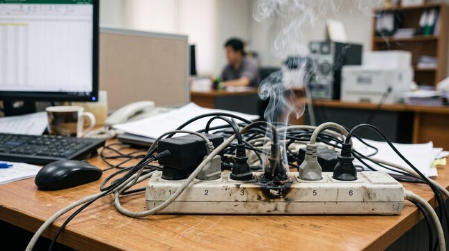 Electrical fire hazard caused by a short circuit in an office power strip.