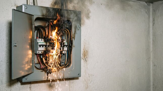 Electrical fire burning inside a residential circuit breaker box on a wall.