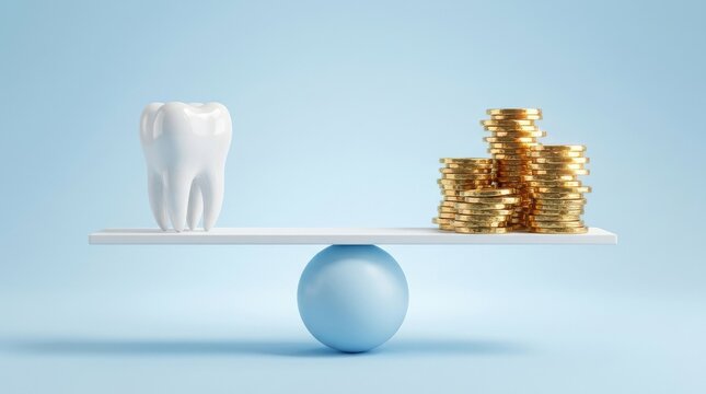 A white human tooth and a stack of gold coins balanced on a scale representing the high cost of dentistry