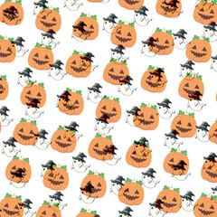 Fototapeta premium Seamless Halloween Pattern with Pumpkins and Cute Ghosts in Witch Hats