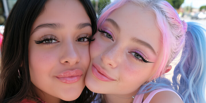two women of different backgrounds flirting in stylish alternative fashion, two diverse women sharing a playful romantic moment, multicultural women with colorful hair and glossy makeup