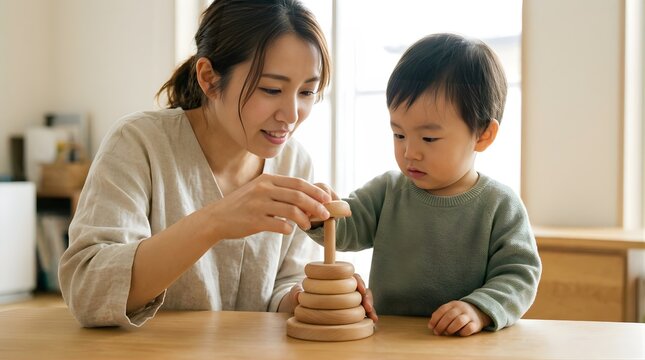 Japanese mother and toddler son playing with wooden stacking ring toy