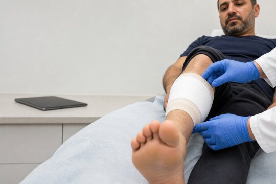 Doctor checking leg bandage on patient in clinic