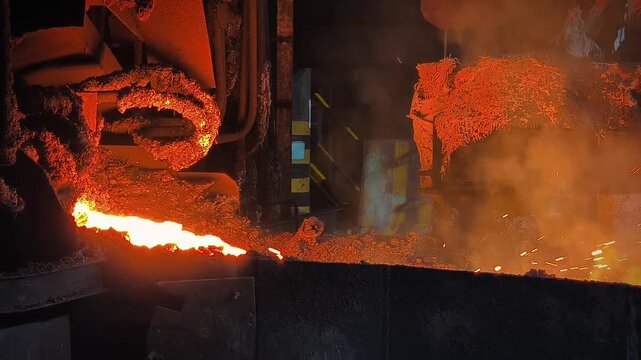 Molten Slag Flowing from Furnace Slag Hole in Industrial Smelting Process