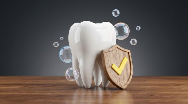 A clean white tooth standing next to a protective shield with a checkmark symbol surrounded by floating soap bubbles