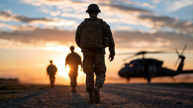 Photorealistic stock image of soldiers walking away from the camera toward an idling helicopter on a dusty runway. Volumetric sunbeams piercing through dust clouds during golden ho