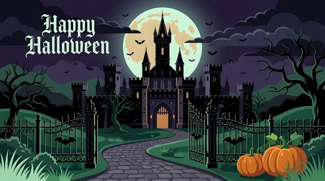 Spooky gothic castle standing under a massive bright moon with bats flying around during a dark purple halloween night scene