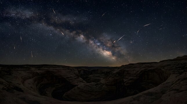Milky Way galaxy and meteor shower over desert canyon landscape at night
