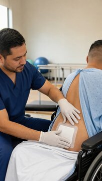 Clinician applying a medical dressing to a patient's back