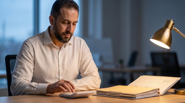 Muslim accountant working with calculator and ledger at desk