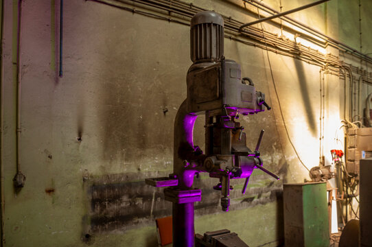 Abandoned old industrial textile research institute with laboratory chemistry glass, machinery workshop and factory hall