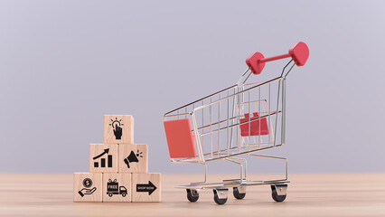 Empty metal supermarket shopping cart sitting next to stacked wooden cubes with digital marketing, delivery, and sales icons on a wooden surface © Anonymous