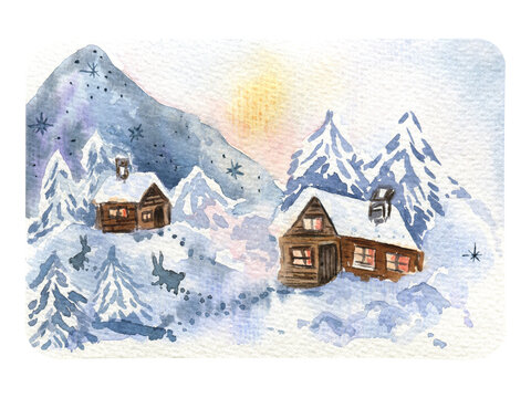 Watercolor winter landscape painted on textured paper. Snowy forest and wooden houses, sky and afternoon sun. Beautiful and cozy card for winter season