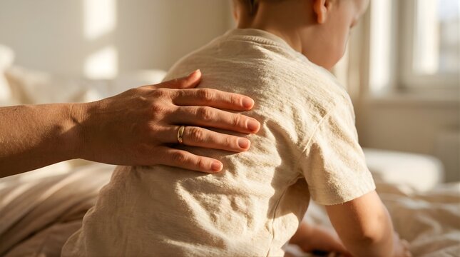 Parent hand touching child back for comfort and support at home
