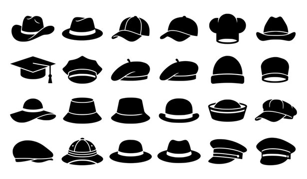 Diverse hat silhouette black vector icon collection with cowboy fedora baseball chef graduation and police caps