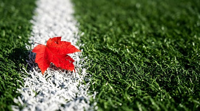 Red maple leaf resting on white field line of green artificial grass