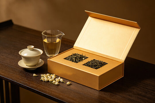 Traditional gaiwan and glass tea pitcher beside an open tea gift box with jasmine buds on dark wood