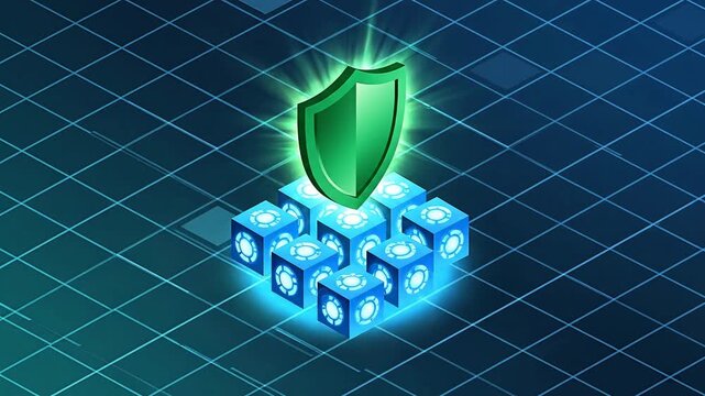 Digital Security Shield Protecting Data Cubes Animation