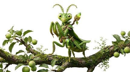 Fototapeta premium Green praying mantis perched on olive branch with ripe fruit close-up macro shot