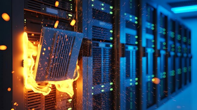 Dramatic view of a burning server rack with flying sparks and intense flames in a high-tech data center facility during a critical system error
