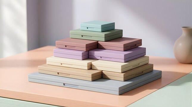 Stack of colorful pastel cosmetic compact cases on a desk