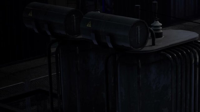 Two pieces of electric equipment are attached to a utility pole. The setting is at night in a city, with faint light illuminating the surroundings.