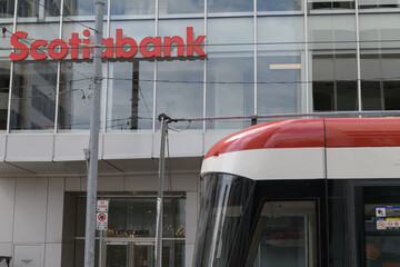 Fototapeta premium exterior building facade and sign of Scotiabank located here at 1 St Clair Av E, Toronto (512 St Clair streetcar)