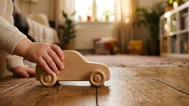 Toddler playing with a wooden toy car on a warm cozy living room floor