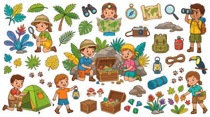 Fototapeta premium Kids Jungle Adventure Vector Set with Cute Children Camping Finding Treasure Mapping and Exploring Wildlife Icons for Summer Camp Designs