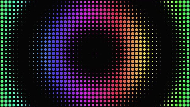Halftone dot pattern background, colorful retro pop art circle texture, vibrant neon gradient loop for music visualizer and vj projection