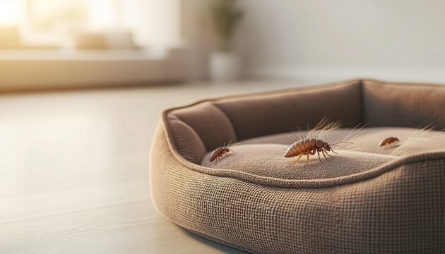 Barata sobre cama de animal dom&eacute;stico representando infesta&ccedil;&atilde;o de pragas em resid&ecirc;ncias, risco de contamina&ccedil;&atilde;o e necessidade de higiene, preven&ccedil;&atilde;o e controle para prote&ccedil;&atilde;o de c&atilde;es e gatos