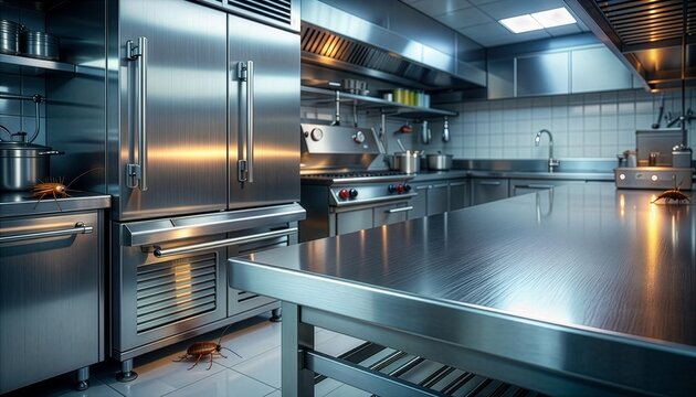 Cozinha industrial moderna com equipamentos em a&ccedil;o inox, representando higiene, seguran&ccedil;a alimentar, limpeza profissional e import&acirc;ncia da preven&ccedil;&atilde;o e controle de pragas em restaurantes
