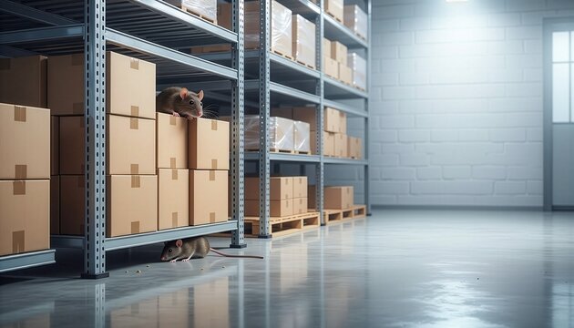Rato escondido entre caixas em dep&oacute;sito comercial, representando infesta&ccedil;&atilde;o de roedores, contamina&ccedil;&atilde;o de mercadorias, riscos sanit&aacute;rios e necessidade de controle profissional de pragas
