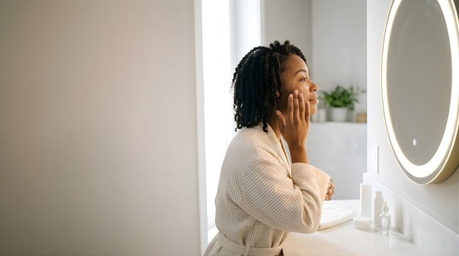 Young woman applying moisturizer on face while looking in bathroom mirror