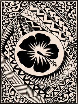 Polynesian tribal hibiscus flower pattern vector illustration with traditional ethnic ornaments