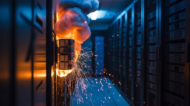 Fire and smoke erupting from a server rack in a dark data center with flying sparks during a catastrophic hardware system failure event