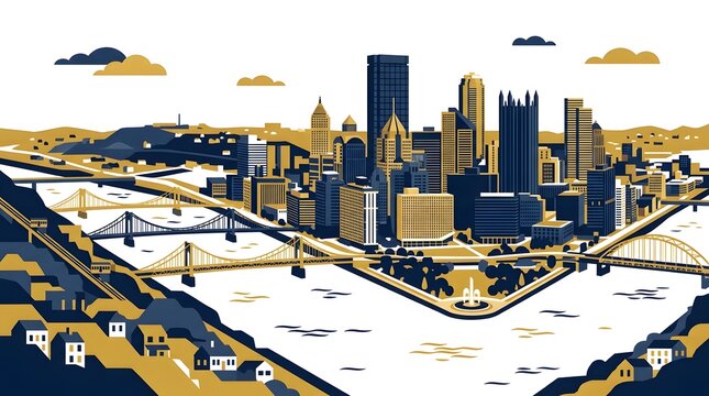 Stylized vector illustration of Pittsburgh downtown skyline featuring iconic bridges and Point State Park at the river confluence