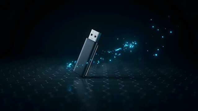 USB flash drive surrounded by glowing data particles &ndash; Great for data storage, cybersecurity, or file transfer concepts.