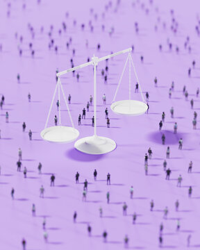White scale of justice standing in middle of large crowd of people, balancing legal fairness and public opinion concepts on purple background surface
