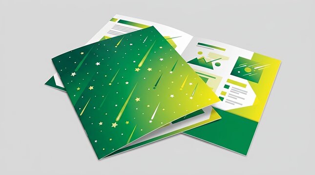 Modern Presentation Brochure Layout with Vibrant Green and Yellow Gradient Cover Design Depicting Starry Night Sky and Meteor Shower Pattern brochure template layout cover design flyer magazine